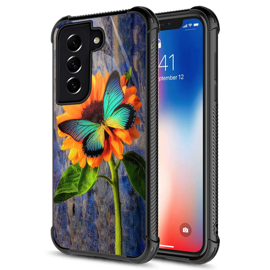 CARLOCA Compatible with Samsung Galaxy S22 CaseSunflower Color Butterfly Samsung Galaxy S22 Cases Graphic Design Shockproof Anti-Scratch Drop Protection Case for Samsung Galaxy S22